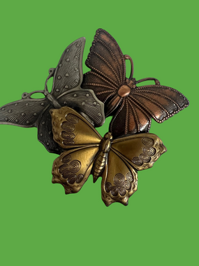 Vintage K & T brooch. Copper, silver, and bronze tone butterfly brooch